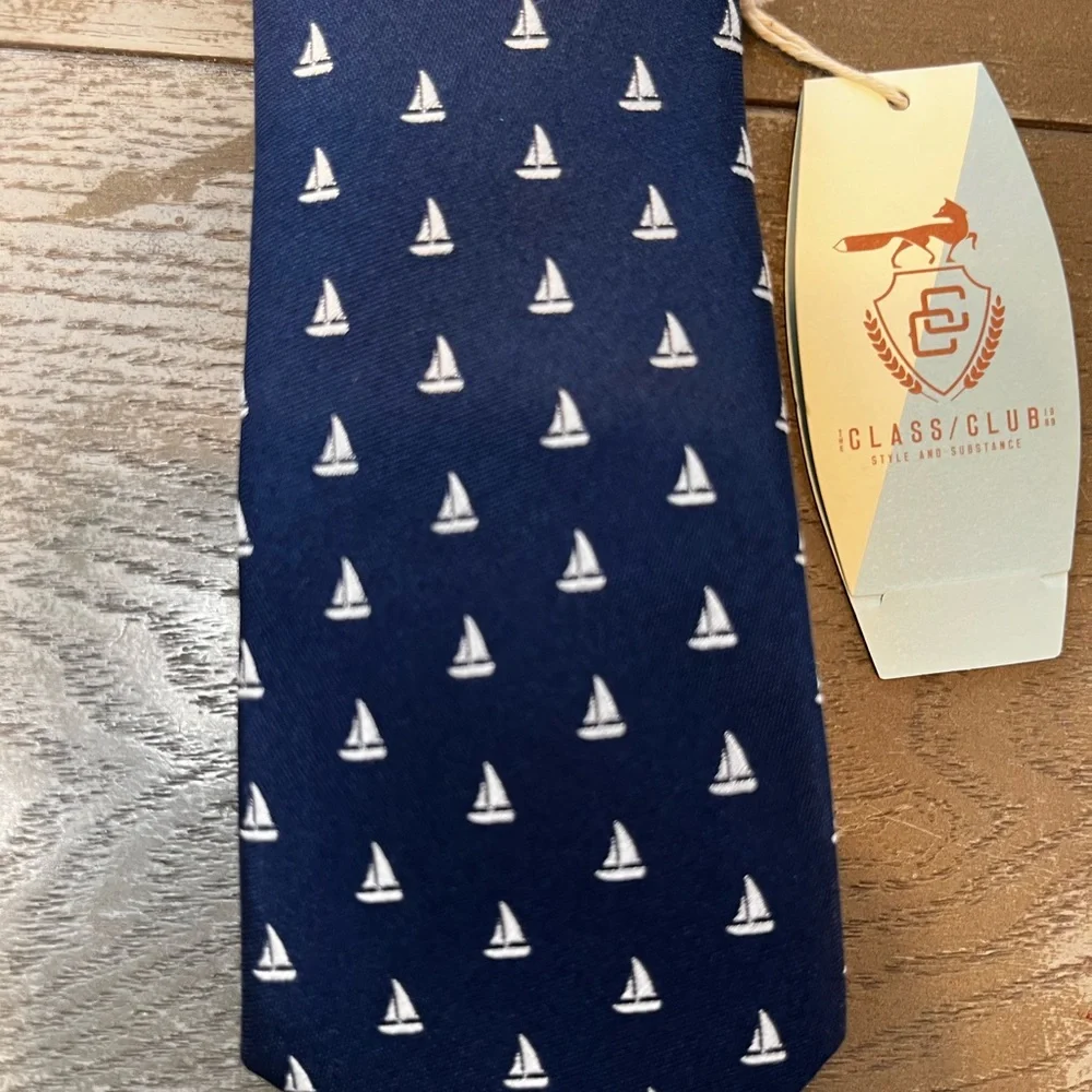 Class Club Boys Navy Blue White Sailboat Nautical Sailing Tie NWT Silk Blend